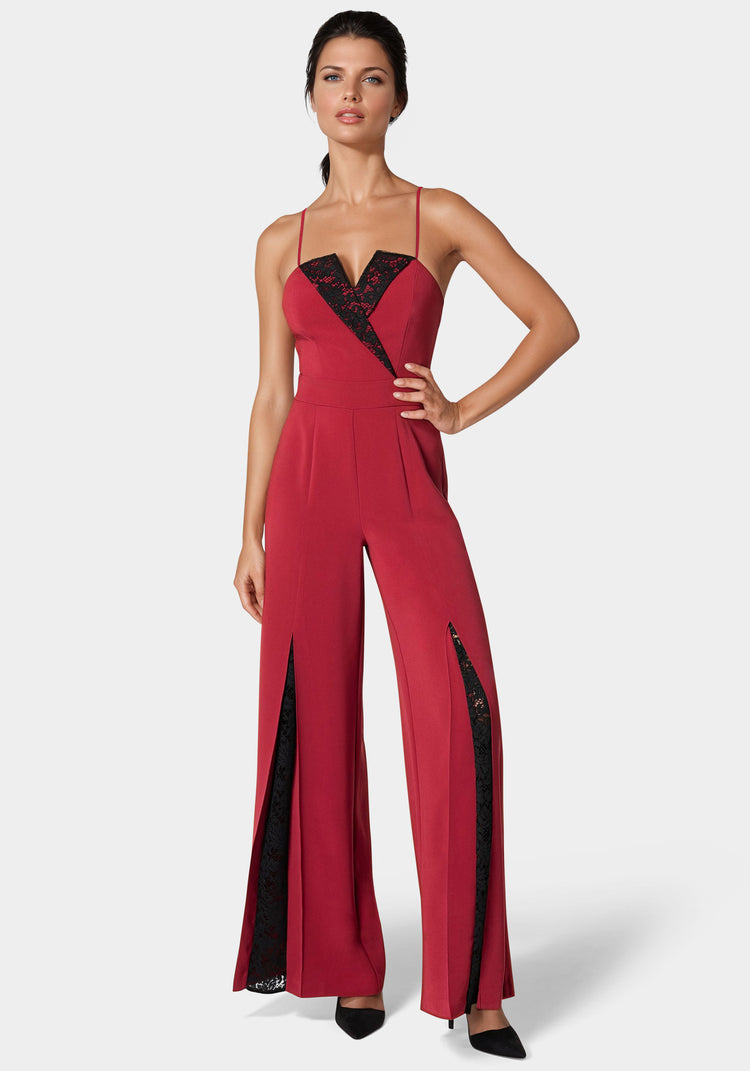 bebe Tuxedo Lace Combo Ultra Wide Leg Jumpsuit