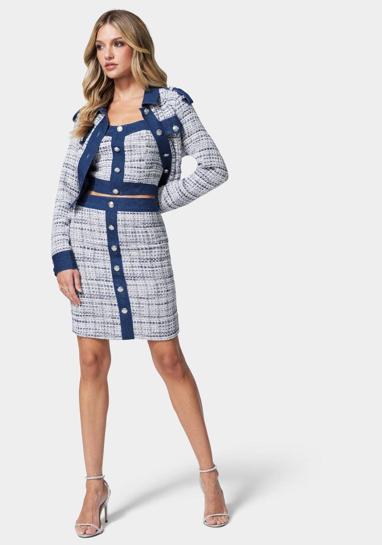 Bebe Tweed & Denim Tailored Skirt