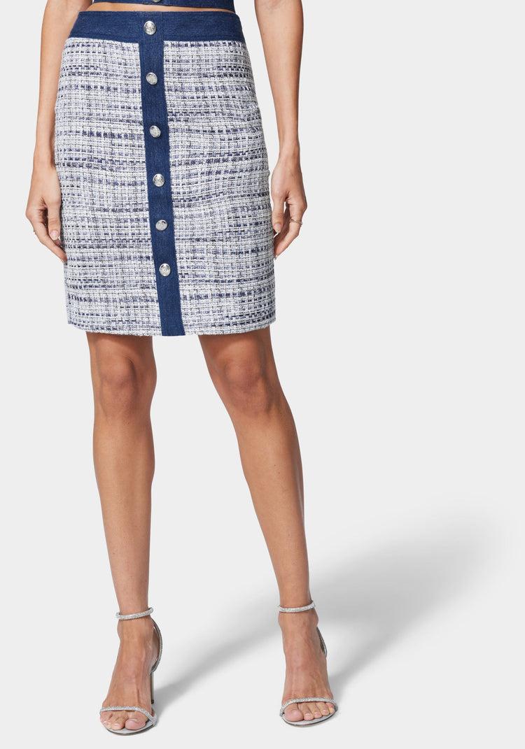 bebe Tweed & Denim Tailored Skirt