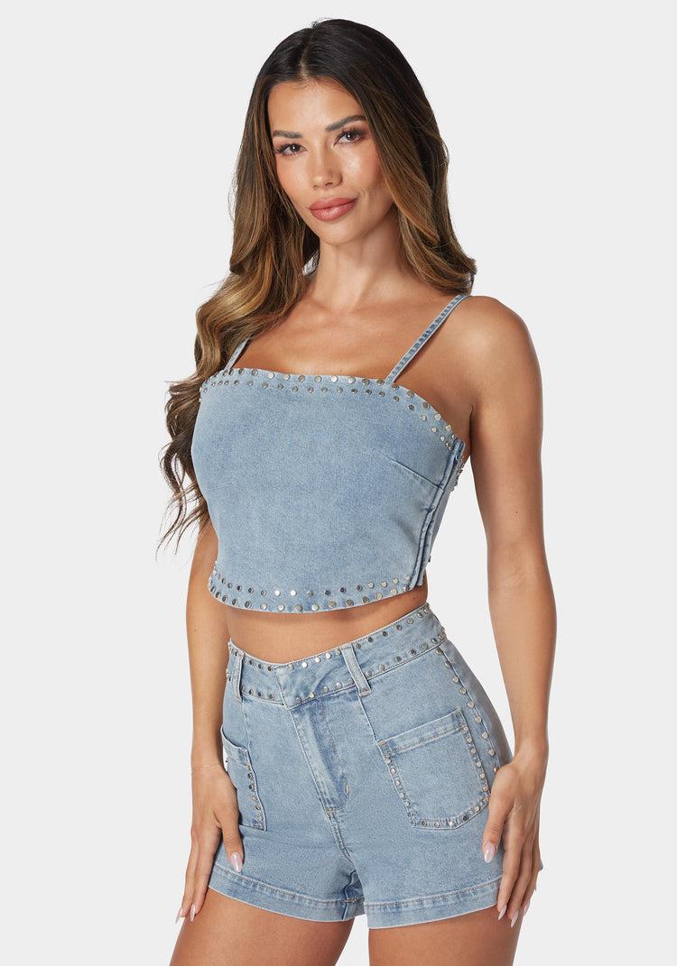 Bebe Twist Back Studded Denim Top