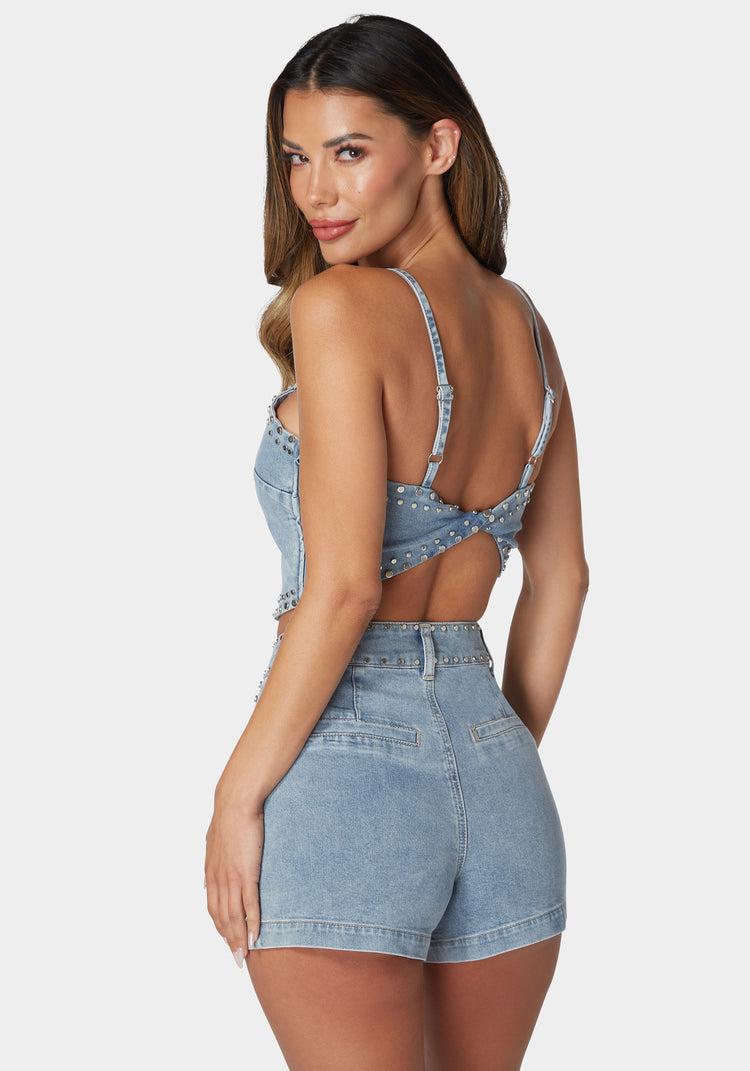 Bebe Twist Back Studded Denim Top
