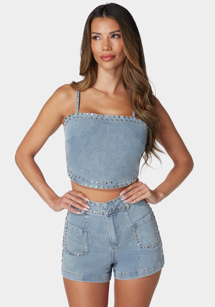bebe Twist Back Studded Denim Top
