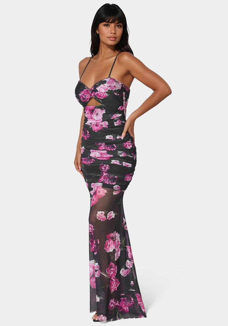 Bebe Twist Front Mermaid Mesh Gown