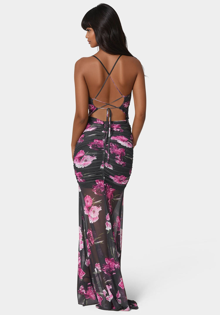 Bebe Twist Front Mermaid Mesh Gown