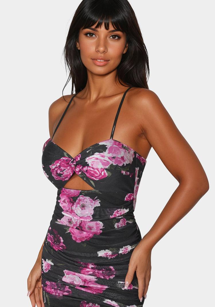 Bebe Twist Front Mermaid Mesh Gown