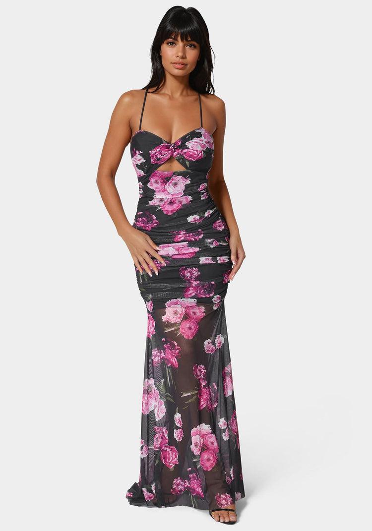bebe Twist Front Mermaid Mesh Gown