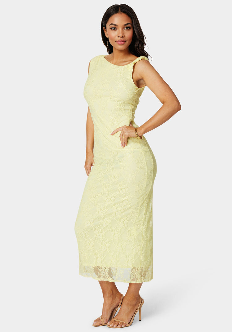 Bebe Twist Sleeve Lace Midi Dress