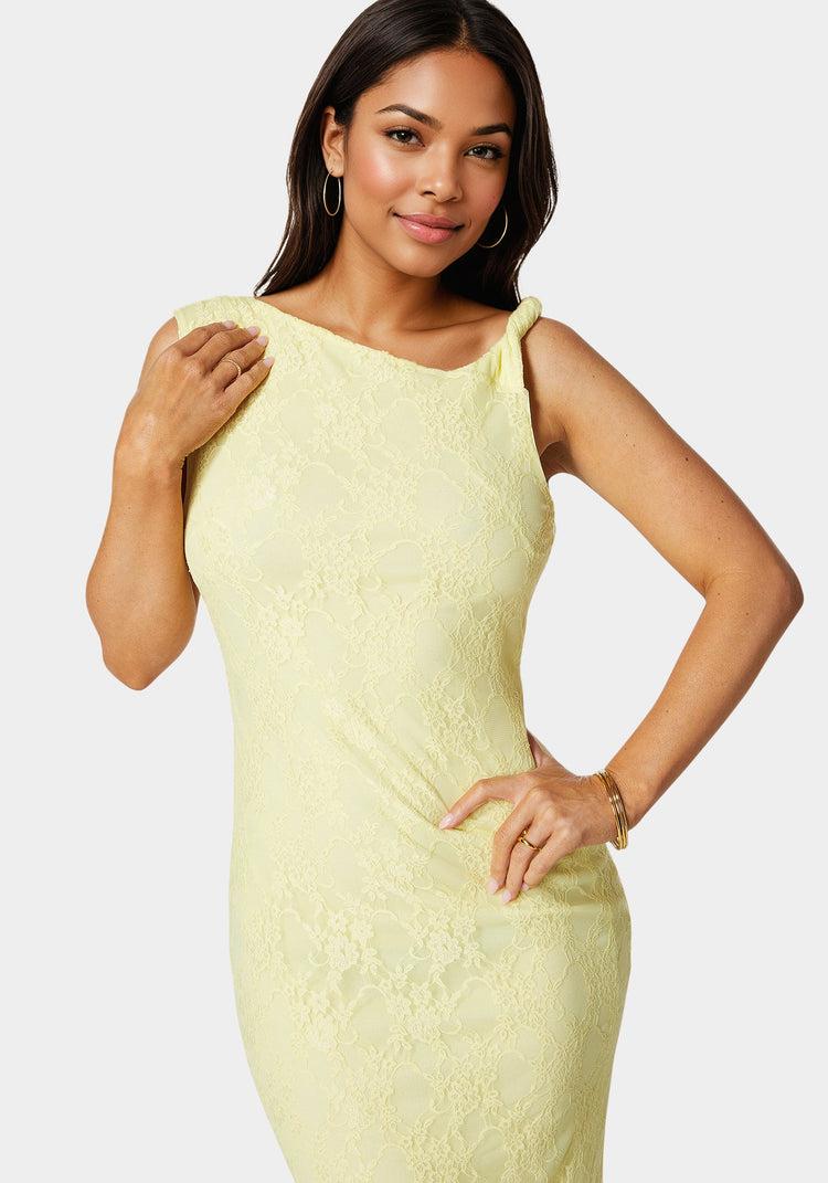 Bebe Twist Sleeve Lace Midi Dress