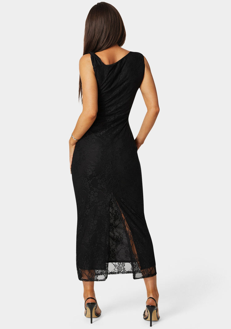 Bebe Twist Sleeve Lace Midi Dress