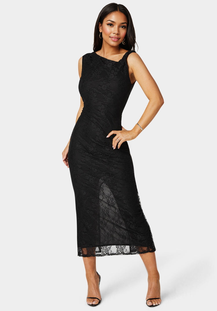 bebe Twist Sleeve Lace Midi Dress