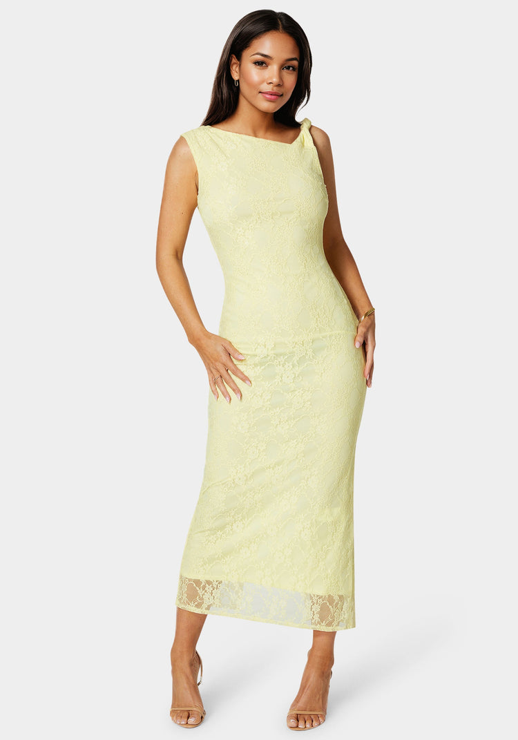 bebe Twist Sleeve Lace Midi Dress