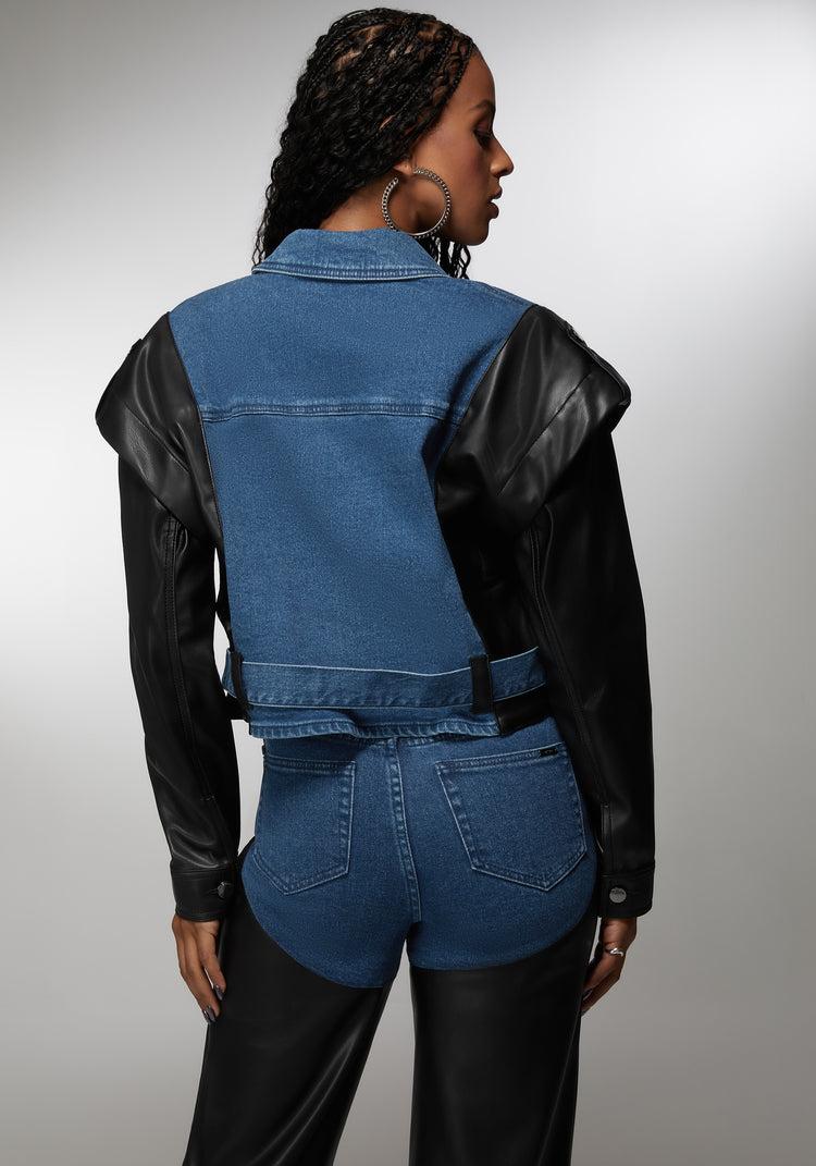 Bebe Vegan Leather Combo Denim Moto Jacket