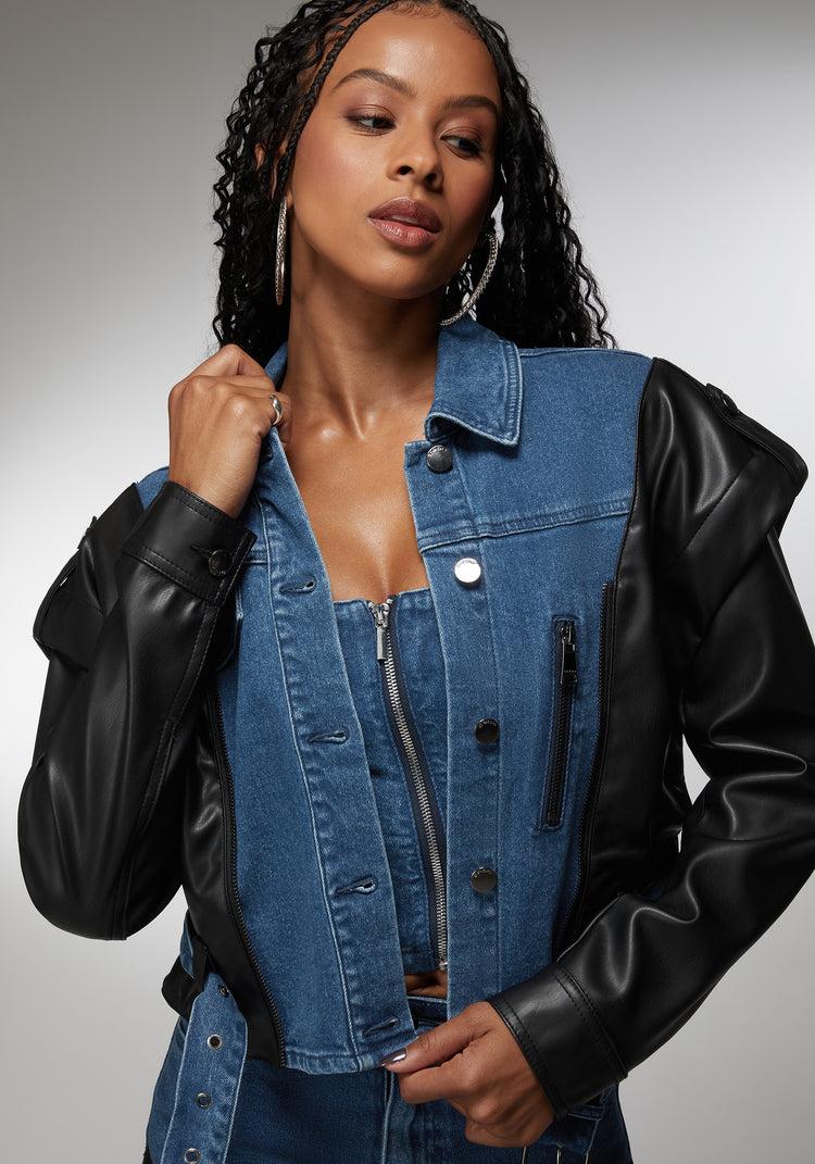Bebe Vegan Leather Combo Denim Moto Jacket