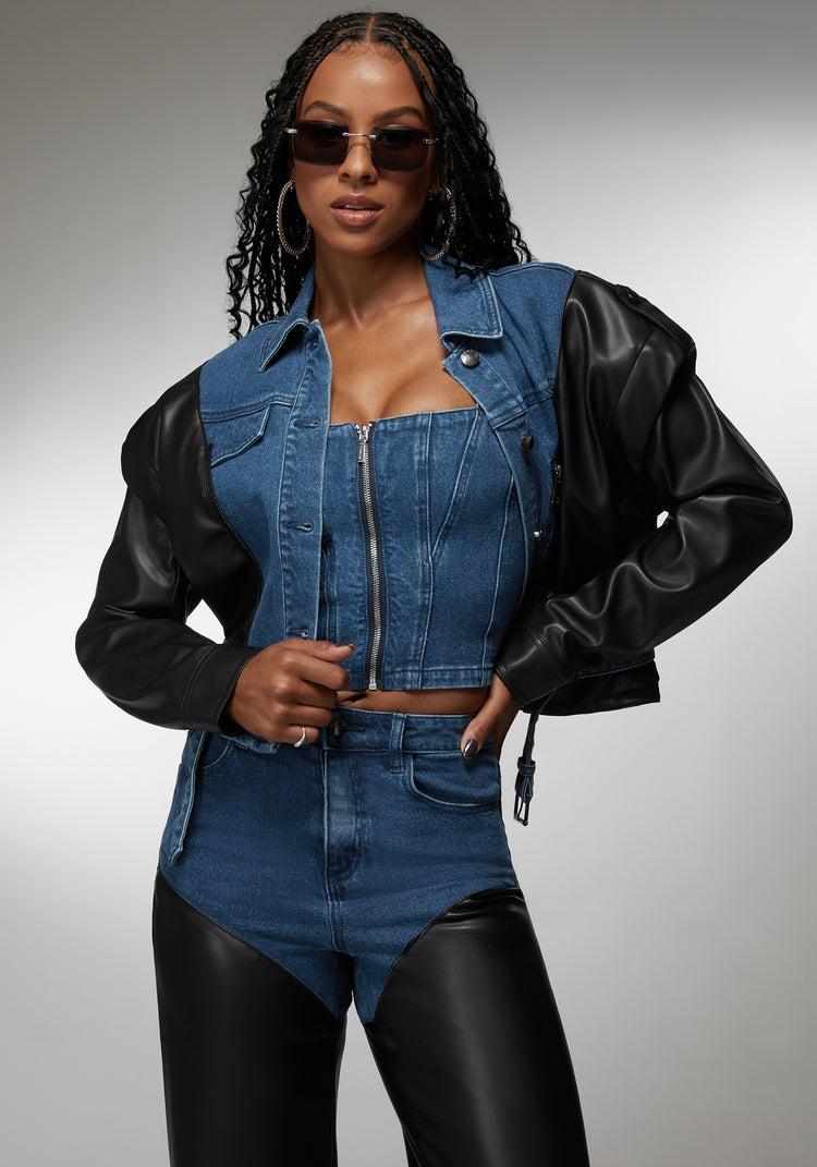 bebe Vegan Leather Combo Denim Moto Jacket