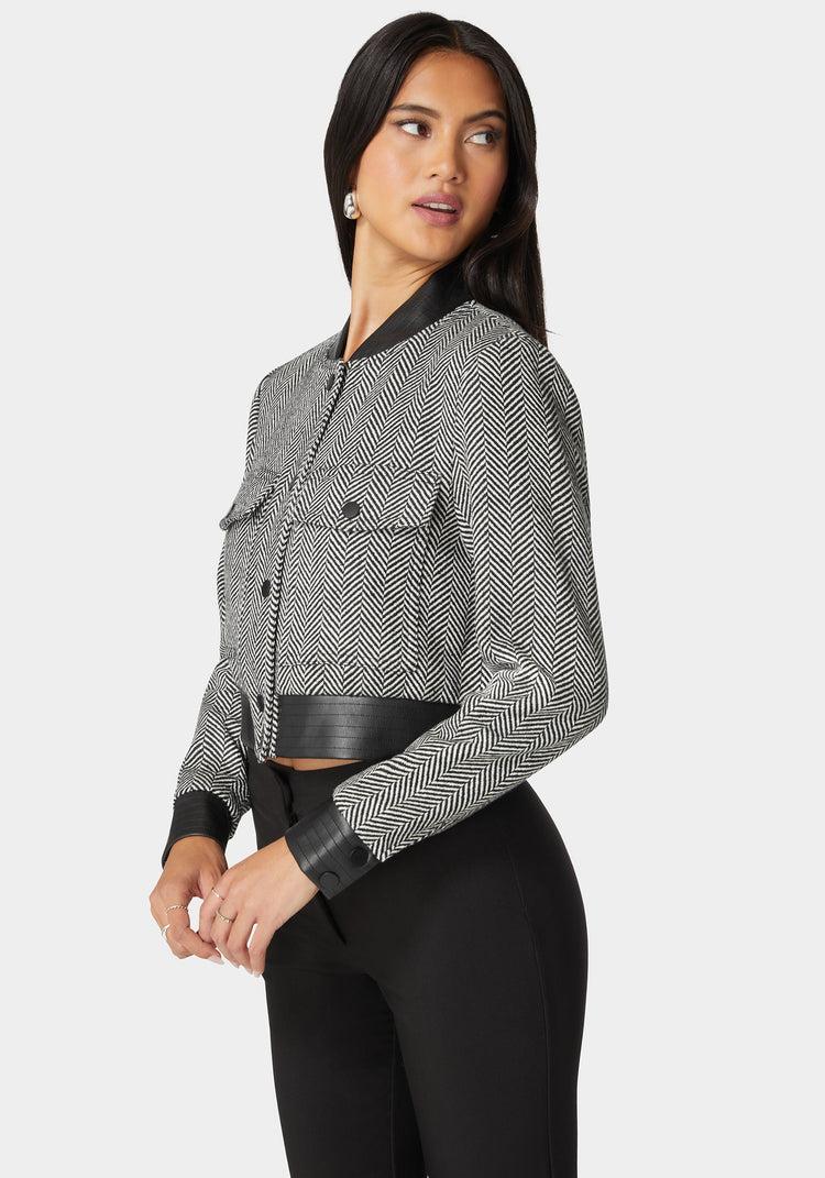 Bebe Vegan Leather Detail Novelty Chevron Jacket