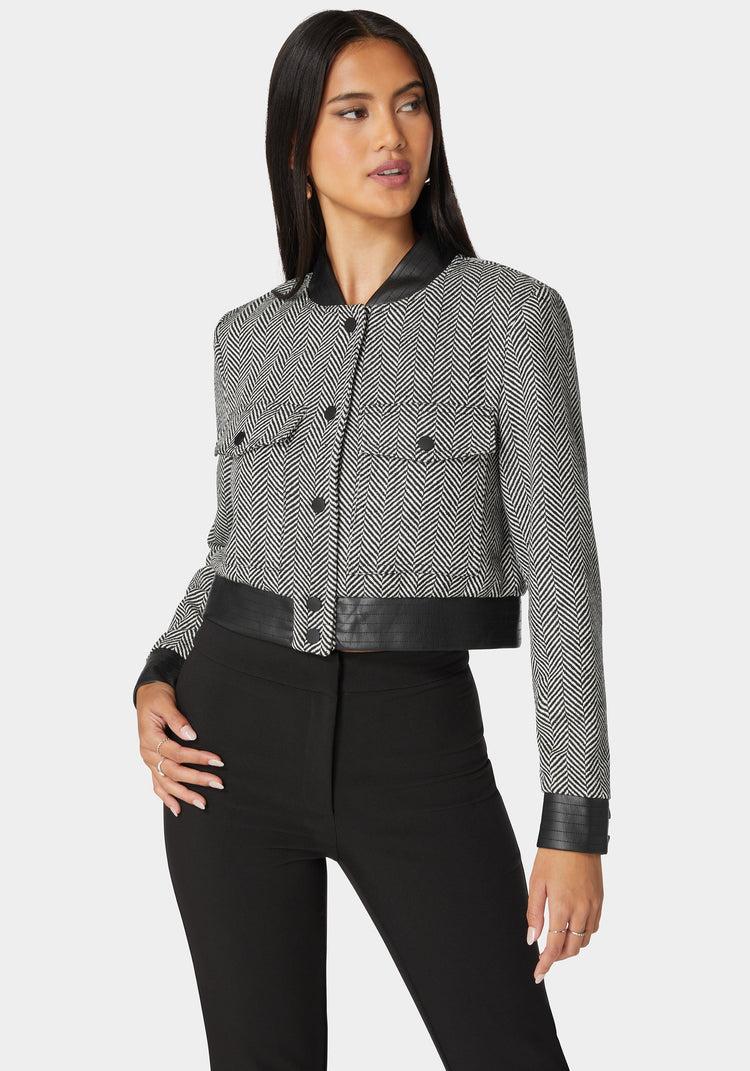 bebe Vegan Leather Detail Novelty Chevron Jacket