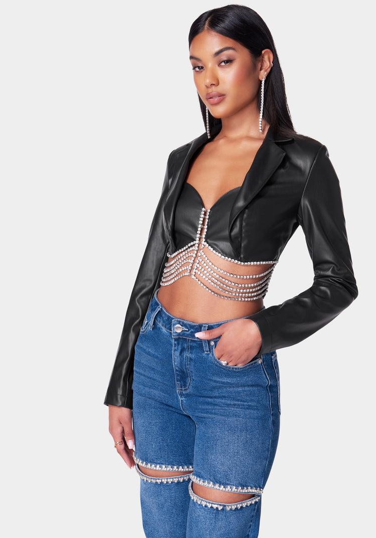 Bebe Vegan Leather Embellished Tailored Jacket