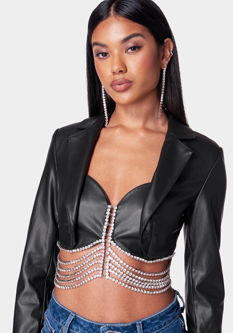 Bebe Vegan Leather Embellished Tailored Jacket