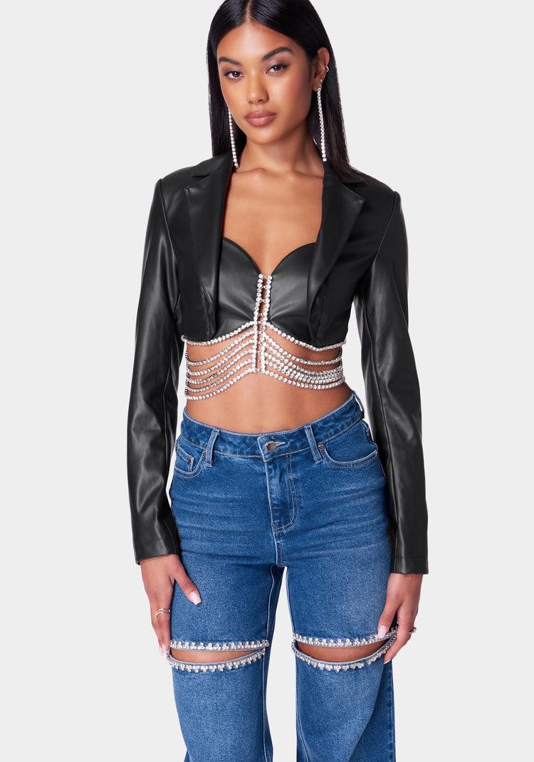 bebe Vegan Leather Embellished Tailored Jacket