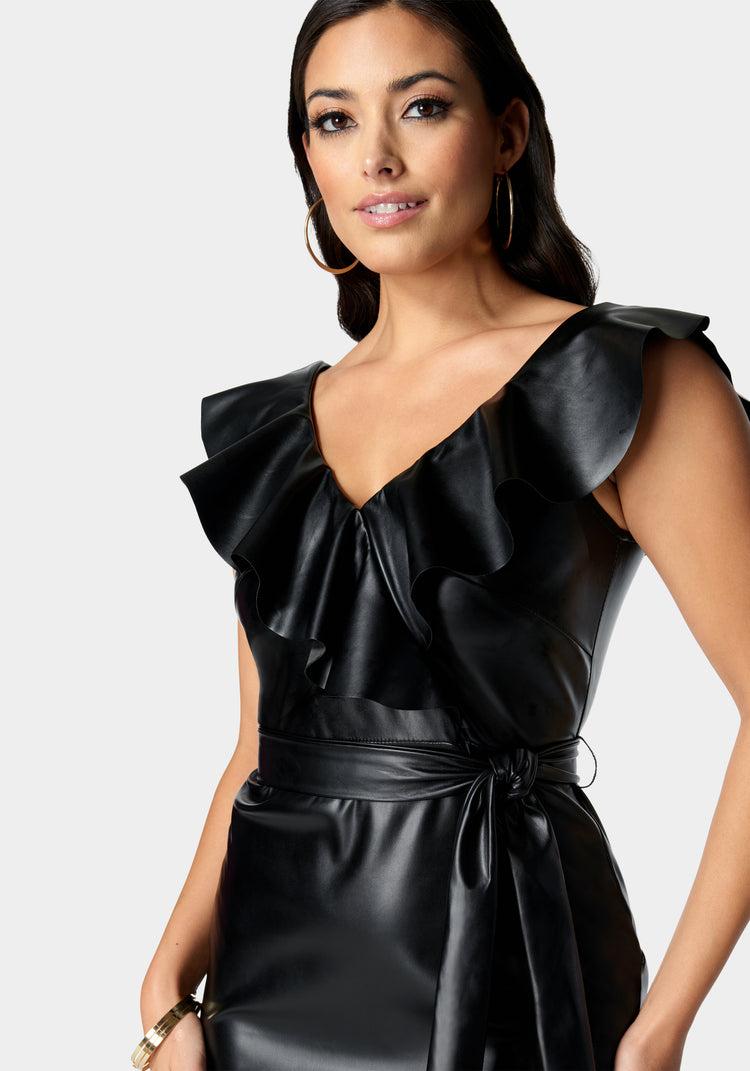 Bebe Vegan Leather Ruffle Wrap Dress