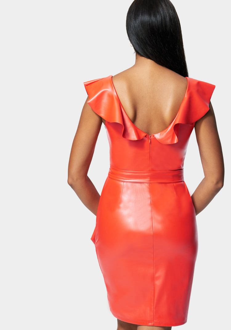 Bebe Vegan Leather Ruffle Wrap Dress