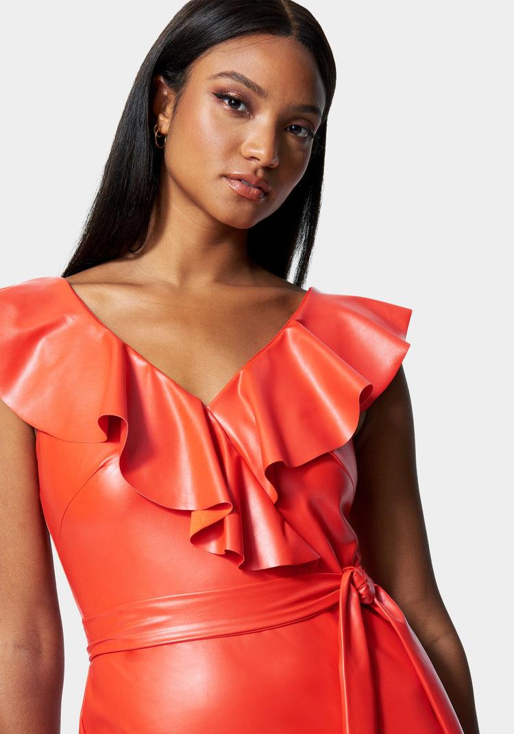 Bebe Vegan Leather Ruffle Wrap Dress