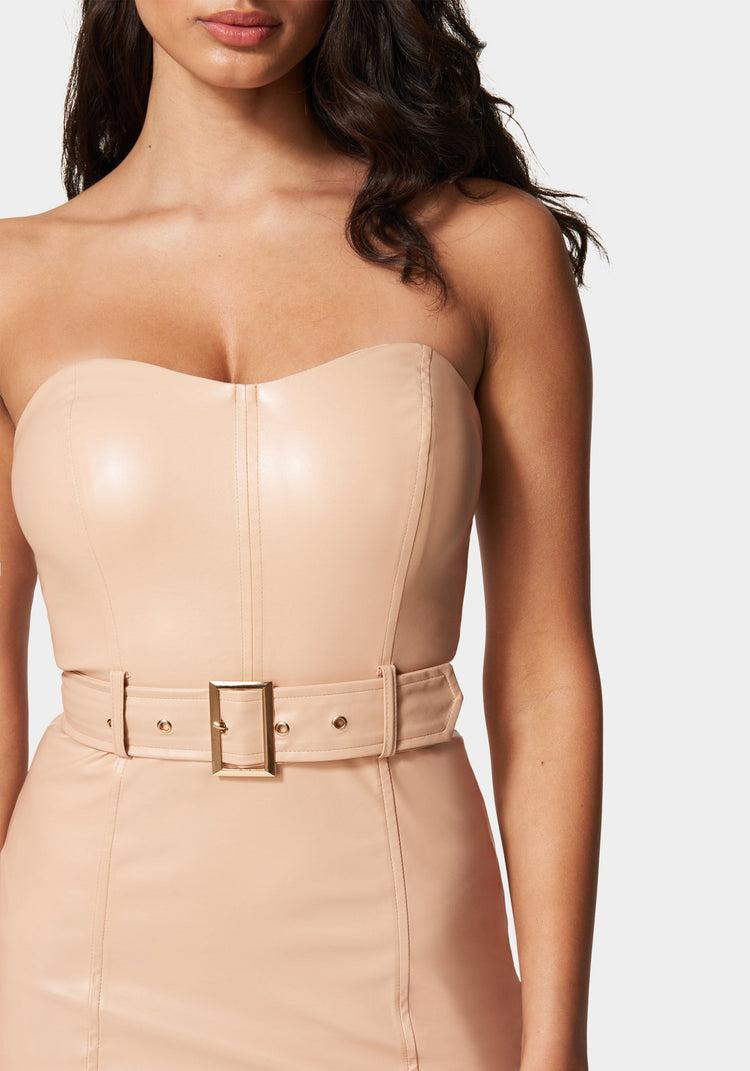 Bebe Vegan Leather Sweetheart Neck Mini Dress