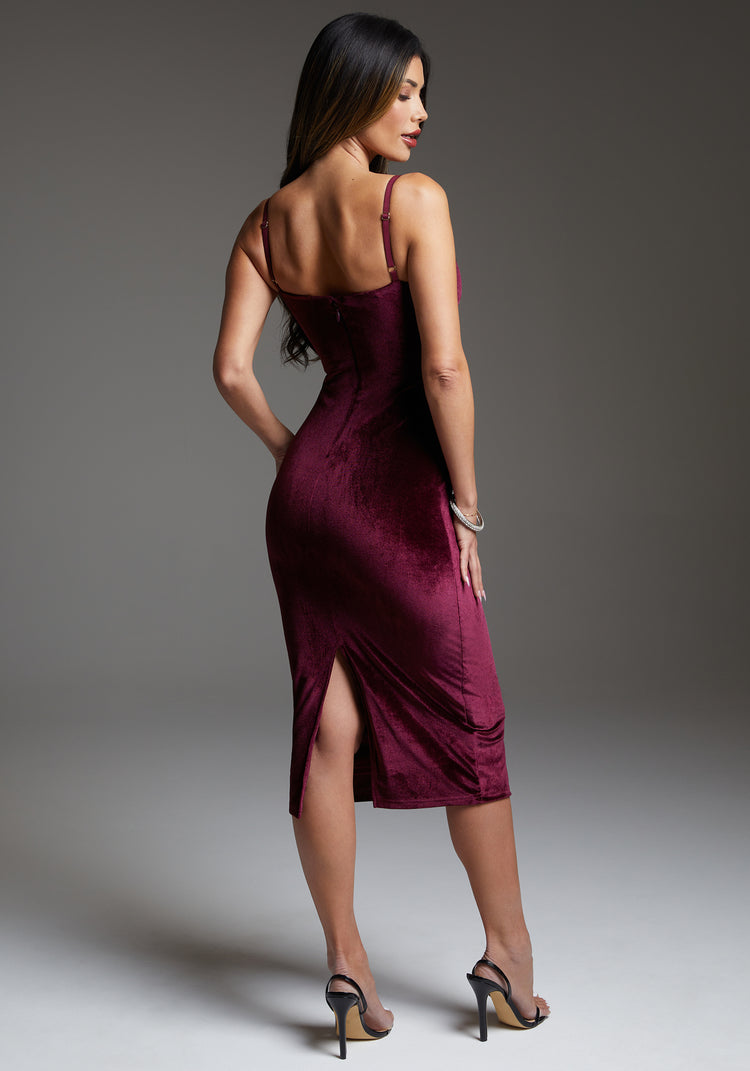 Bebe Bebe Velvet Midi Dress Embellished With Crystals By Swarovski