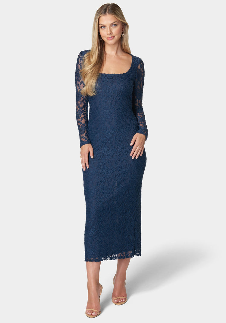 bebe Viviana Square Neck Lace Maxi Dress