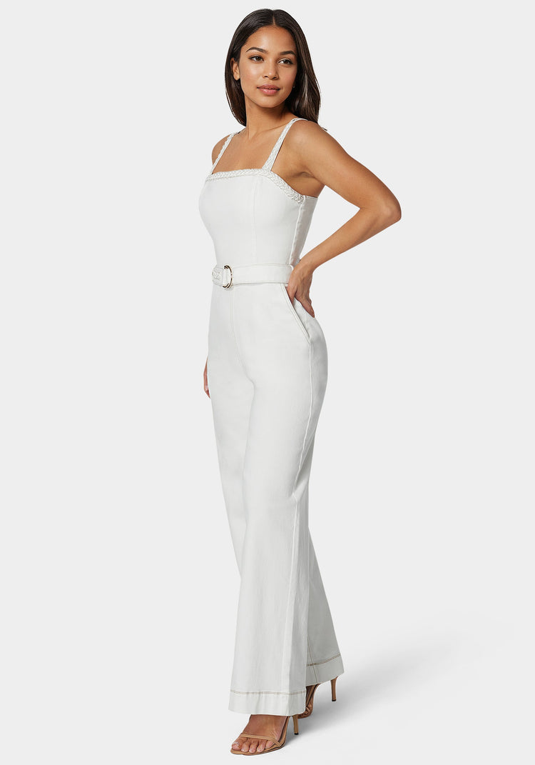 Bebe White Braided Wide Leg Denim Jumpsuit