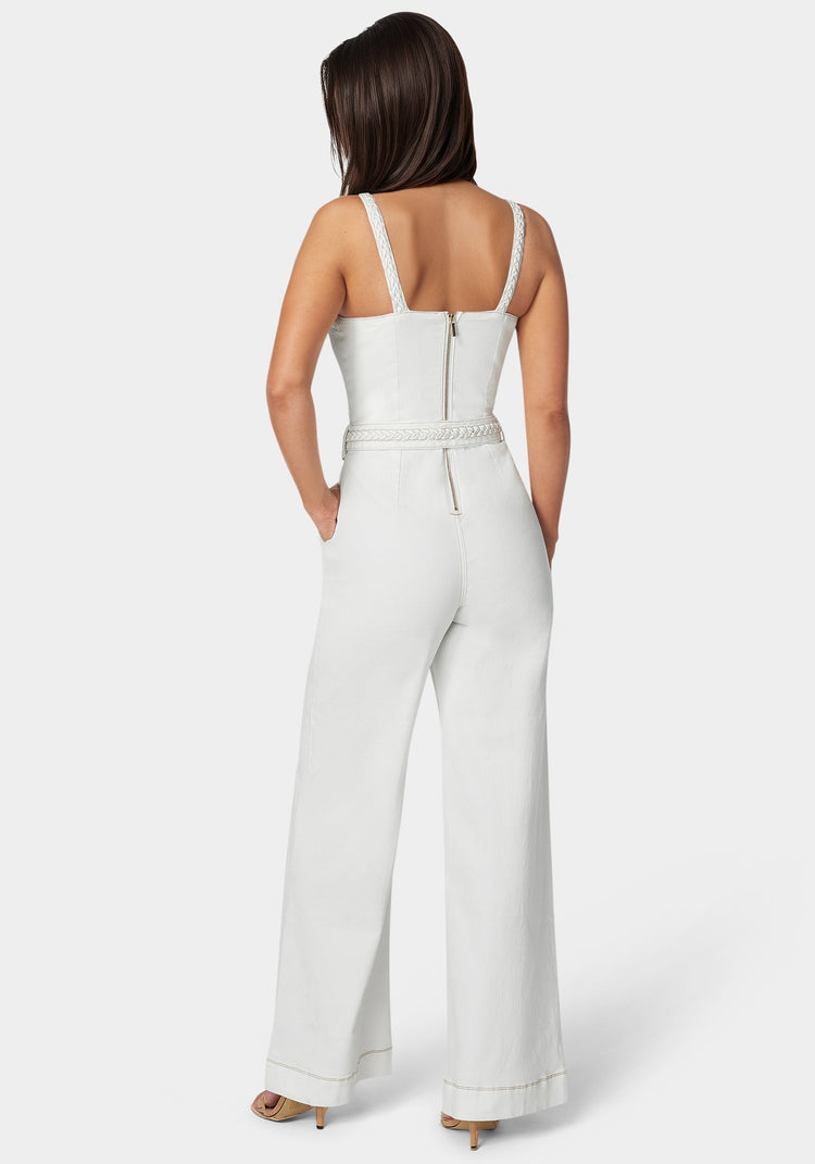 Bebe White Braided Wide Leg Denim Jumpsuit
