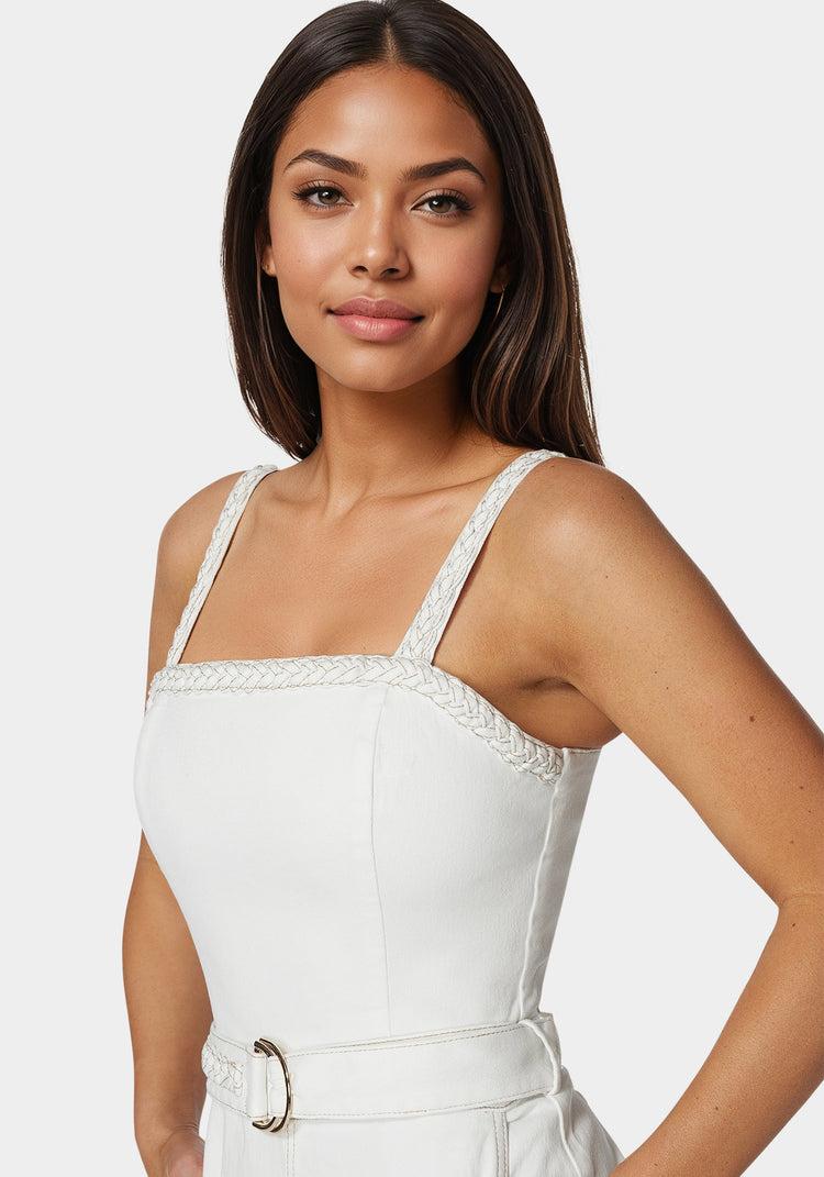 Bebe White Braided Wide Leg Denim Jumpsuit