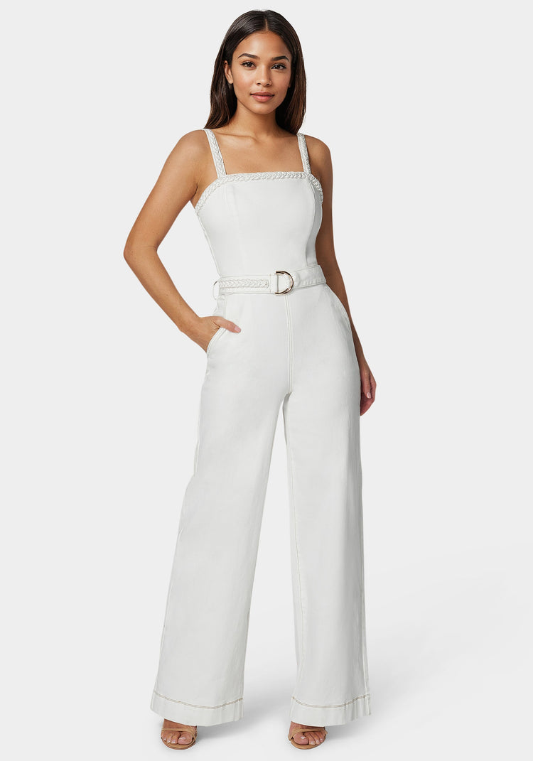 bebe White Braided Wide Leg Denim Jumpsuit