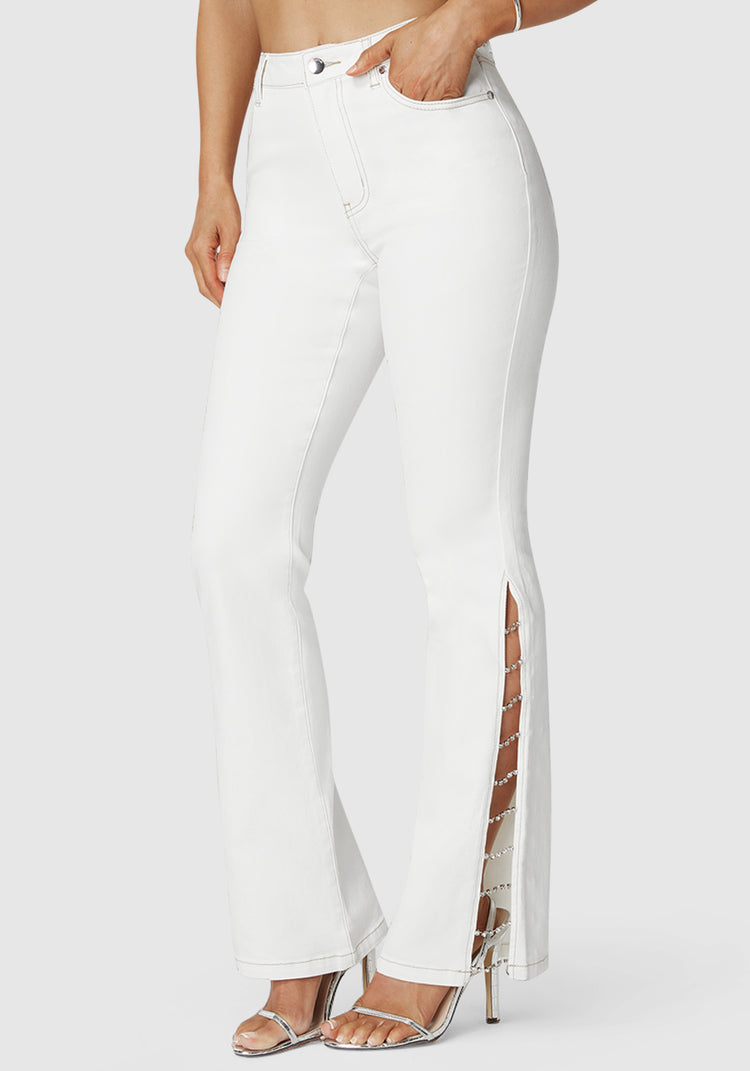 bebe White High Waist Embellished Flared Leg Jeans