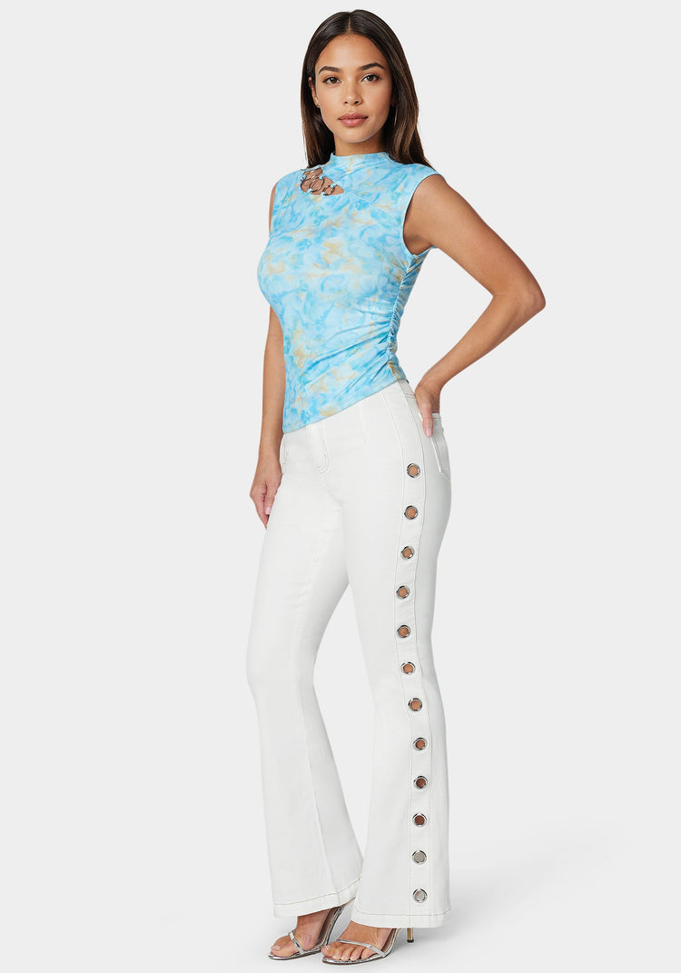 Bebe White High Waist Flared Grommet Jeans
