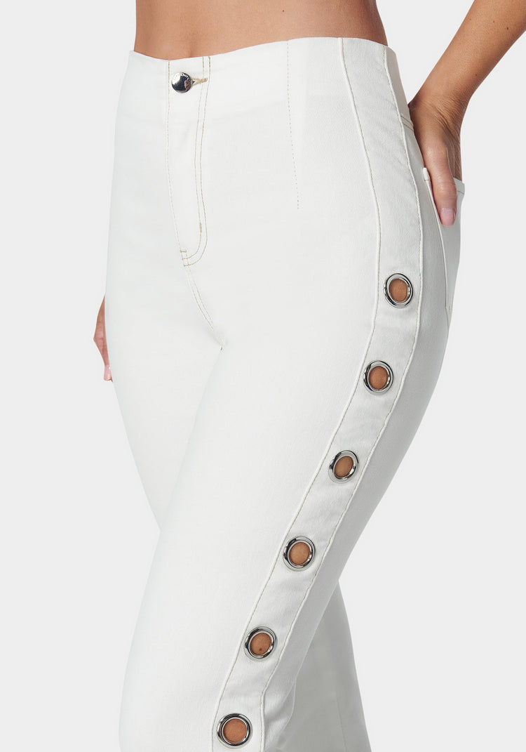 Bebe White High Waist Flared Grommet Jeans