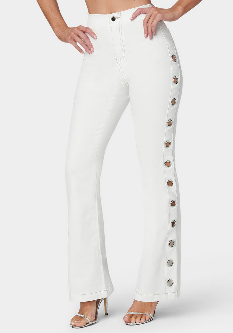bebe White High Waist Flared Grommet Jeans