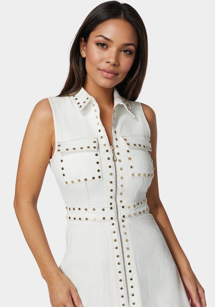 Bebe White Studded Fit And Flare Denim Dress