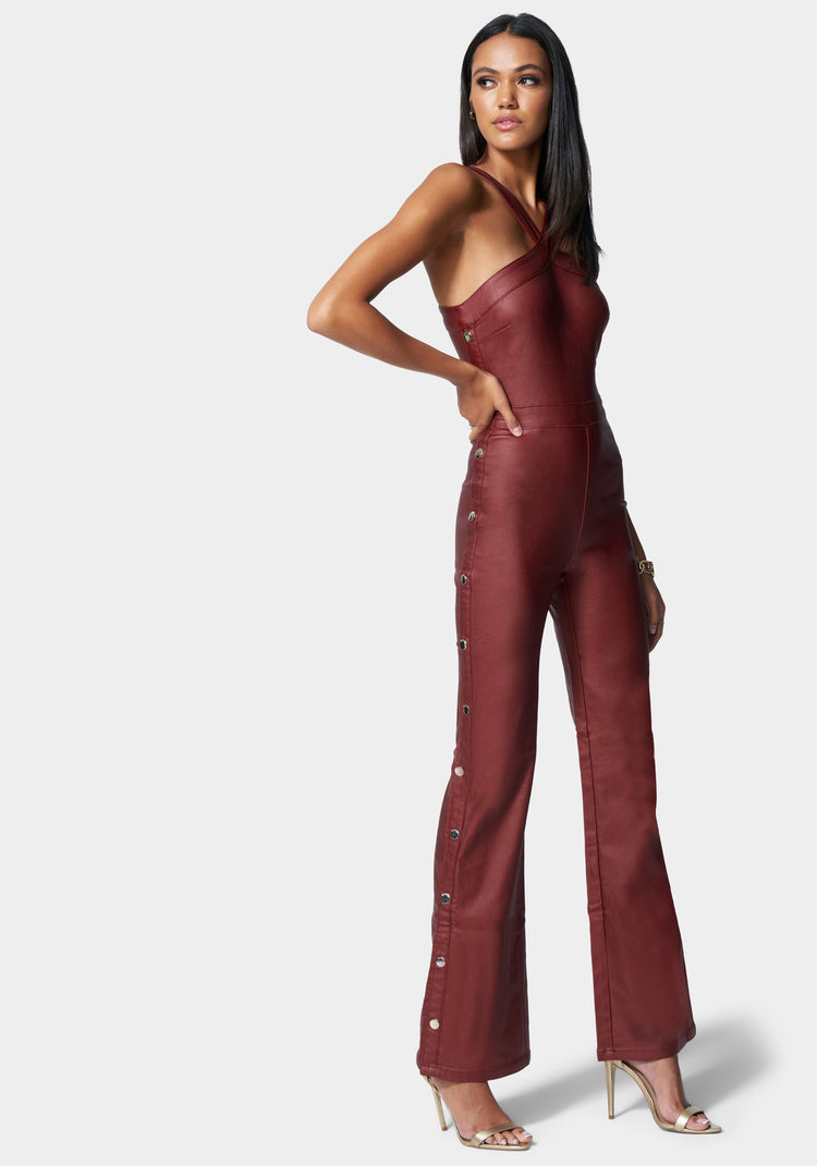 Bebe Wide Leg Snap Detail Coated Denim Jumpsuit