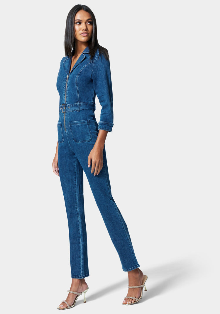 Bebe Zip Front Belted Skinny Leg Denim Jumpsuit