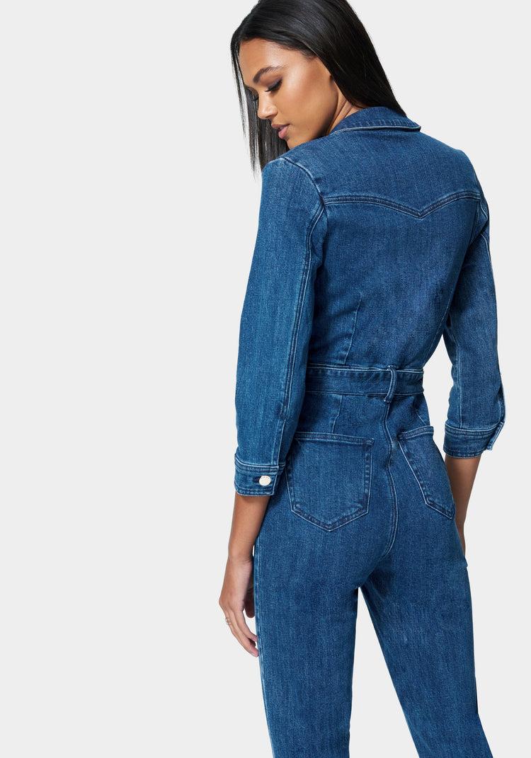 Bebe Zip Front Belted Skinny Leg Denim Jumpsuit