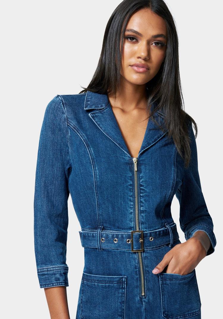 Bebe Zip Front Belted Skinny Leg Denim Jumpsuit