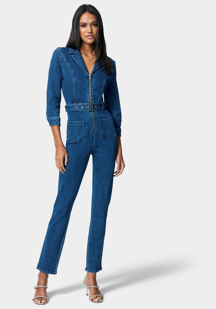 bebe Zip Front Belted Skinny Leg Denim Jumpsuit
