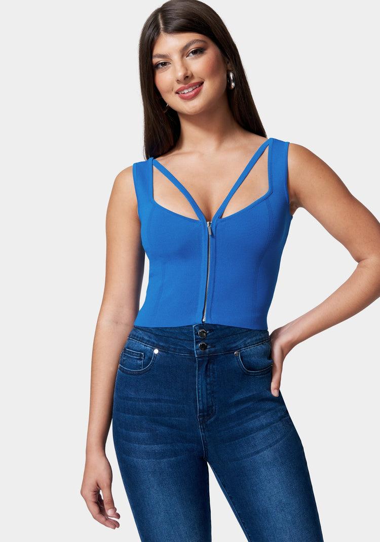 bebe Zip Front Corset Sweater Top