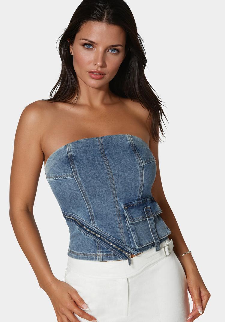 Bebe Zipper And Cargo Detail Denim Top