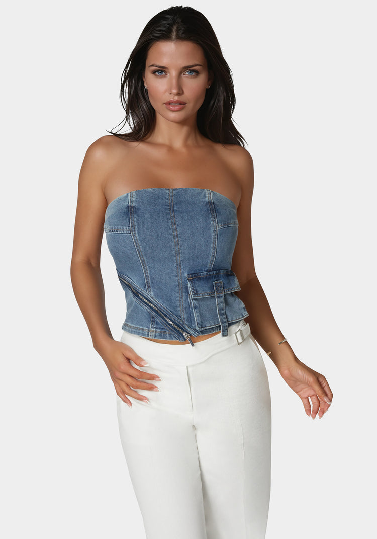 bebe Zipper And Cargo Detail Denim Top