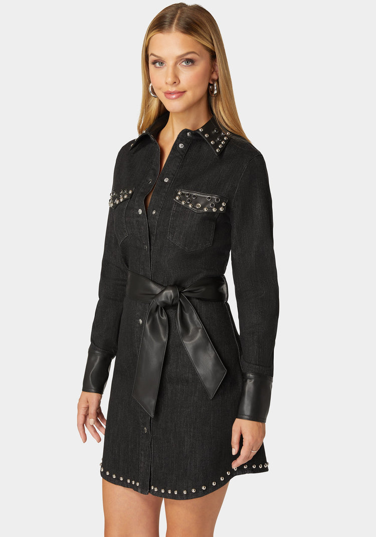 Bebe Fitted Combo Vegan Leather Studded Denim Shirt Dress