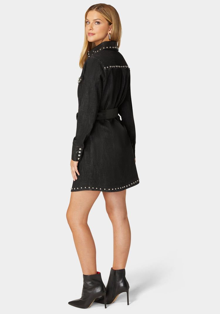 Bebe Fitted Combo Vegan Leather Studded Denim Shirt Dress
