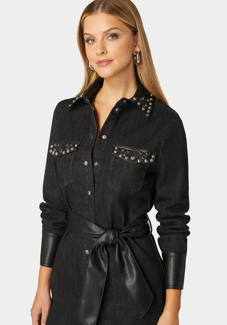 Bebe Fitted Combo Vegan Leather Studded Denim Shirt Dress