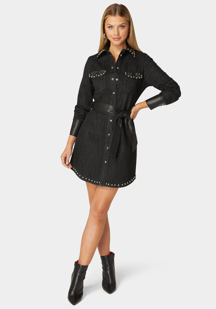 bebe Fitted Combo Vegan Leather Studded Denim Shirt Dress